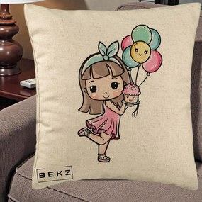 Perna Decorativa Fetita Kawaii cu Baloane si Cupcake, 40x40 cm, Bej, Husa Detasabila, Perna Inclusa, BEKZ®