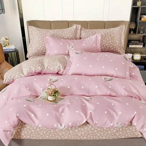 Lenjerie de pat cu elastic, tesatura tip finet, pat 2 persoane, roz / bej, 6 piese, T251