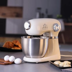 Mixer planetar Swiss Haus SH-KM2005, 1000 W, 5 l, 12 viteze, Pornire treptata, Cap rabatabil, Bol din inox, Crem