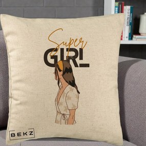 Perna Decorativa Super Girl Aesthetic, 40x40 cm, Bej, Husa Detasabila, Perna Inclusa, BEKZ®