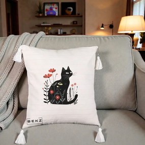 Perna Decorativa Pisica Neagra Flori Rosii Folk, 40x40 cm, Bej cu Franjuri, Husa Detasabila, Perna Inclusa, BEKZ®