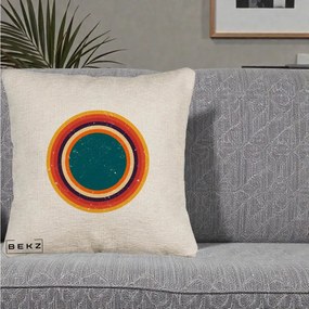 Perna Decorativa Retro Cerc Concentric Geometric Vintage, 40x40 cm, Bej Canapea, Husa Detasabila, Perna Inclusa, BEKZ®