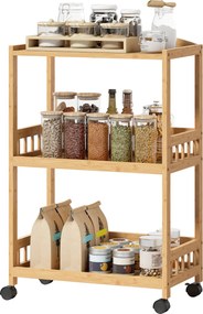 HOMCOM Cărucior de bucătărie cu 3 nivele, căruț de servire cu spațiu de depozitare, raft de bucătărie pe roți, pentru bucătărie baie birou lemn natural | Aosom Romania