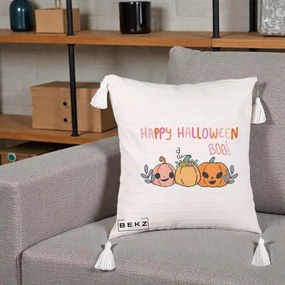 Perna Decorativa Happy Halloween Boo Trei Dovlecei Kawaii, 40x40 cm, Bej cu Franjuri, Husa Detasabila, Perna Inclusa, BEKZ®