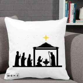 Perna Decorativa Nasterea Pruncului Silueta Neagra si Stea Aurie, 40x40 cm, Alba Mata, Husa Detasabila, Perna Inclusa, BEKZ®