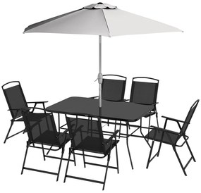 Outsunny Set de grădină cu Masă, 6 Scaune Pliante și Umbrelă de Soare cu Manivelă, Set pentru Exterior din 8 piese, 140x90x70 cm, Gri