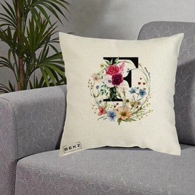 Cadou Personalizat - Perna Personalizata Monogram Litera F cu Flori Acuarela, 40x40 cm, Ecru, Husa Detasabila, Perna Inclusa, BEKZ®