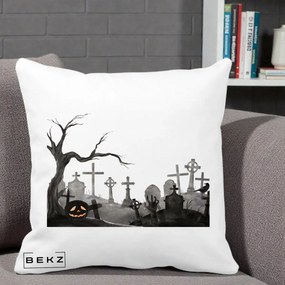 Perna Decorativa Halloween Cimitir Acuarela cu Dovleac, 40x40 cm, Alba Mata, Husa Detasabila, Perna Inclusa, BEKZ®