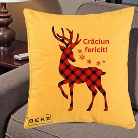 Perna Decorativa Ren Tartan Craciun Fericit, 40x40 cm, Galben, Husa Detasabila, Perna Inclusa, BEKZ®