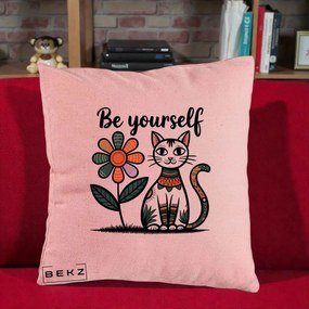 Perna Personalizata Be Yourself Pisica Folk, 40x40 cm, Roz, Husa Detasabila, Perna Inclusa, BEKZ®