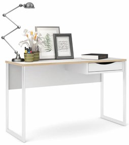 Birou alb EFREM PLUS 512 cu 1 sertar si blat cu decor stejar
