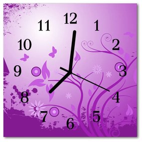 Ceas de perete din sticla pătrat Flori Art Flori &amp; Plante Purple