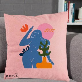 Perna Decorativa Femeie Albastra Cactus, 40x40 cm, Roz, Husa Detasabila, Perna Inclusa, BEKZ®