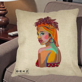 Perna Decorativa Portret Femeie Colorat Pop Art, 40x40 cm, Crem, Husa Detasabila, Perna Inclusa, BEKZ®