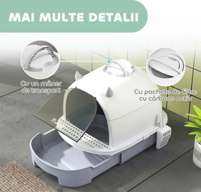 PawHut Litieră cu Capac, Tavă pentru Nisip tip Sertar cu Filtru de Carbon și Lopățică, 40,5x52x39 cm, Gri | Aosom Romania