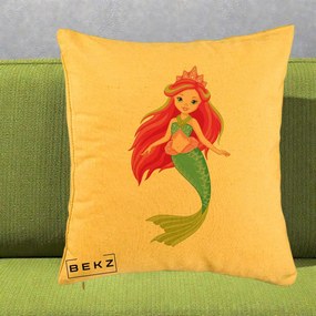 Perna Decorativa Sirena Roz cu Coroana, 40x40 cm, Galben, Husa Detasabila, Perna Inclusa, BEKZ®