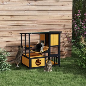 PawHut Casa pentru Pisici Colibă pentru Pisici Casa pentru Pisici, rezistentă la intemperii, 1 rampă, 1 platformă, 84,5 x 60 x 88 cm, Verde + Natural | Aosom Romania