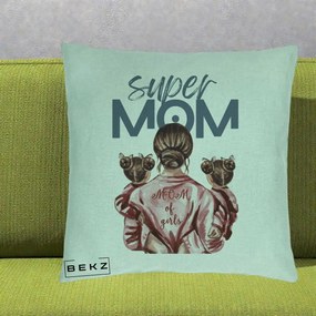 Cadou pentru Mama - Perna Personalizata Super Mom of Girls Mama cu Gemene, 40x40 cm, Verde Menta, Husa Detasabila, Perna Inclusa, BEKZ®
