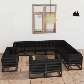 3077013 vidaXL Set mobilier grădină cu perne, 13 piese, negru, lemn masiv pin