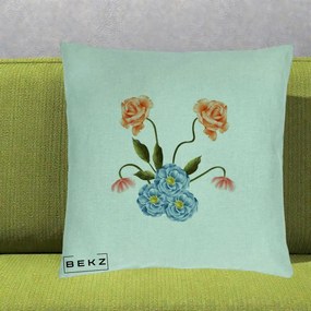 Perna Decorativa Trandafiri si Bujori Acuarela, 40x40 cm, Verde Menta, Husa Detasabila, Perna Inclusa, BEKZ®