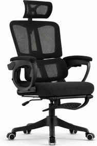 Scaun ergonomic cu suport lombar, tetieră reglabilă, suport pentru picioare, pivotant, Mesh, Negru