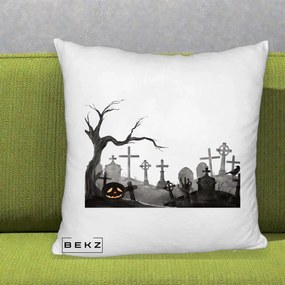 Perna Decorativa Halloween Cimitir Acuarela cu Dovleac, 40x40 cm, Alb Pufos, Husa Detasabila, Perna Inclusa, BEKZ®