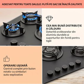 Klarstein Firetale, plită cu gaz, 5 arzătoare, 70 cm, arzătoare din aluminiu, inclusiv furtun și reductor de presiune
