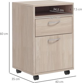 HOMCOM Dulap de Birou cu 4 Roți, Raft Deschis, 2 Sertare, Mobilier de Birou din Lemn și Metal, 40x35x60 cm, Lemn Natural | Aosom Romania