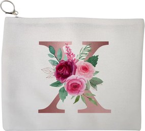 Portfard Cosmetice tip Plic, Cu litera X Rose Gold si Trandafiri, 23x18 cm, Alb, BEKZ®