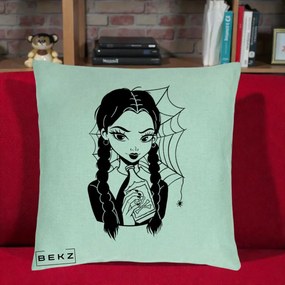 Perna Personalizata Wednesday cu Panza de Paianjen, 40x40 cm, Verde Menta, Husa Detasabila, Perna Inclusa, BEKZ®