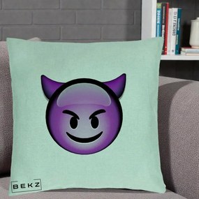 Perna Decorativa Emoji Diavol Mov, 40x40 cm, Verde Menta, Husa Detasabila, Perna Inclusa, BEKZ®
