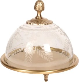 Platou pentru tort din alamă, auriu, cu cupolă din sticlă gravată manual, pe picioare, aspect vintage, finisaj antichizat, 19 x 23 cm, „Chantilly”