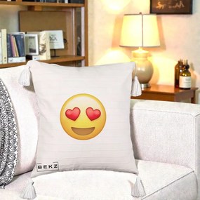 Perna Decorativa Emoji Inimi in Ochi, 40x40 cm, Bej cu Franjuri, Husa Detasabila, Perna Inclusa, BEKZ®