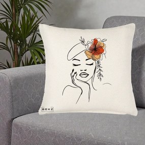 Perna Decorativa Portret Feminin Flori Palarie, 40x40 cm, Crem Reliefat, Husa Detasabila, Perna Inclusa, BEKZ®