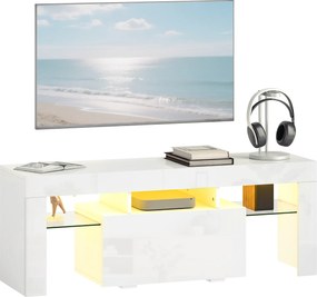HOMCOM Dulap TV, mobilier TV cu iluminare LED RGB, finisaj ultra-lucios, rafturi din sticlă securizată, 120x34x45cm, alb | Aosom Romania