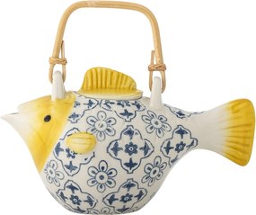 Ceainic din ceramică albă în formă de pește cu model floral albastru decorat manual, 800 ml, 24×13,5×13 cm, „Wrenna"