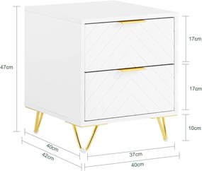 NOA67 - Set 2 Noptiere albe 40 cm, cu 2 sertare, dormitor - Alb - Auriu