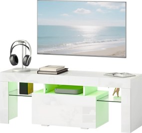 HOMCOM Dulap TV, mobilier TV cu iluminare LED RGB, finisaj ultra-lucios, rafturi din sticlă securizată, 120x34x45cm, alb | Aosom Romania