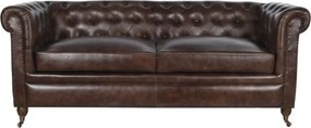 Canapea Chesterfield 3 locuri din piele naturală maro închis, cu ținte decorative și picioare pe roți, aspect vintage, 80 x 190 x 77 cm, „Mayfair”