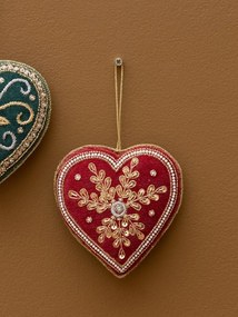 Set 2 ornamente decorative din catifea, verde și bordo, formă de inimă, broderii din fir auriu și contur din perle, 11 x 11 cm, „Cœur”