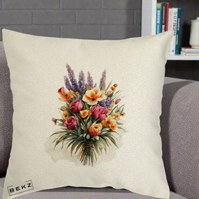 Perna Decorativa Buchet Mixt Acuarela Lavanda-Trandafiri, 40x40 cm, Ecru, Husa Detasabila, Perna Inclusa, BEKZ®
