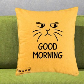 Perna Decorativa Pisica Morocanoasa Good Morning, 40x40 cm, Galben, Husa Detasabila, Perna Inclusa, BEKZ®