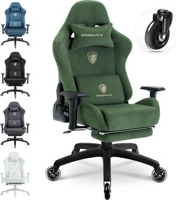 DOWINX 68A - Scaun Gaming Ergonomic, Extra-Lat și Construcție Heavy-Duty, Masaj in perna lombara, Material Textil respirabil, Suport picioare, Roti Silicon, Rezistent 150 kg, Verde
