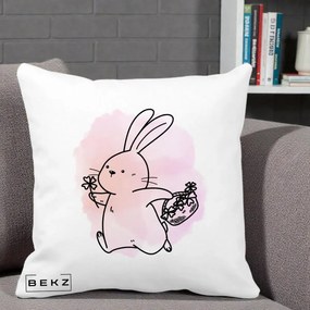 Perna Decorativa Iepuras Kawaii cu Cosulet Floral, 40x40 cm, Alba Mata, Husa Detasabila, Perna Inclusa, BEKZ®