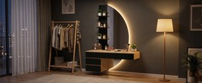Masuta machiaj cu Oglinda LED si 4 Sertare pentru Cosmetice, Set Masa toaleta 106 cm, Alb - Maro, masuta cosmetica, vanity cu Riflaj si Rafturi -