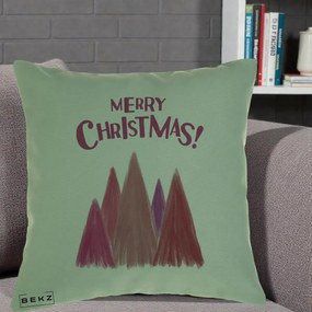 Perna Decorativa Merry Christmas Brazi Roz, 40x40 cm, Verde, Husa Detasabila, Perna Inclusa, BEKZ®