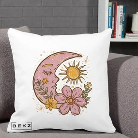 Perna Personalizata Luna si Soare Floral Boho, 40x40 cm, Alba Mata, Husa Detasabila, Perna Inclusa, BEKZ®