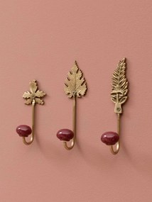 Set 3 cuiere de perete din metal și ceramică, auriu și bordo, frunze sculptate și sferă din ceramică, finisaj lucios, 15,5 x 4 cm, „Feuilles”