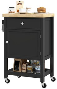 HOMCOM Servantă de bucătărie pe roți, cărucior de servire, blat din lemn de hevea, sertar, 63,5 x 40 x 90 cm, negru | Aosom Romania
