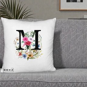 Cadou Personalizat - Perna Personalizata Monogram Litera M cu Flori Acuarela, 40x40 cm, Alb Pufos, Husa Detasabila, Perna Inclusa, BEKZ®